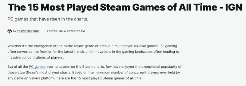 IGN 公布 Steam 历史最受欢迎游戏榜单