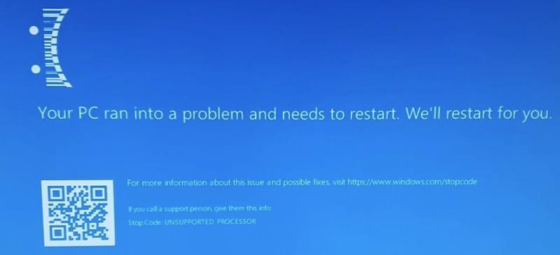 更新 Windows 10/11 后出现 UNSUPPORTED_PROCESSOR 蓝屏错误