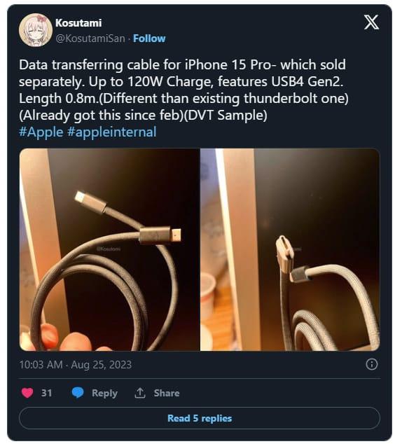 爆料称苹果为iPhone 15 Pro提供雷电数据线：但需花钱买