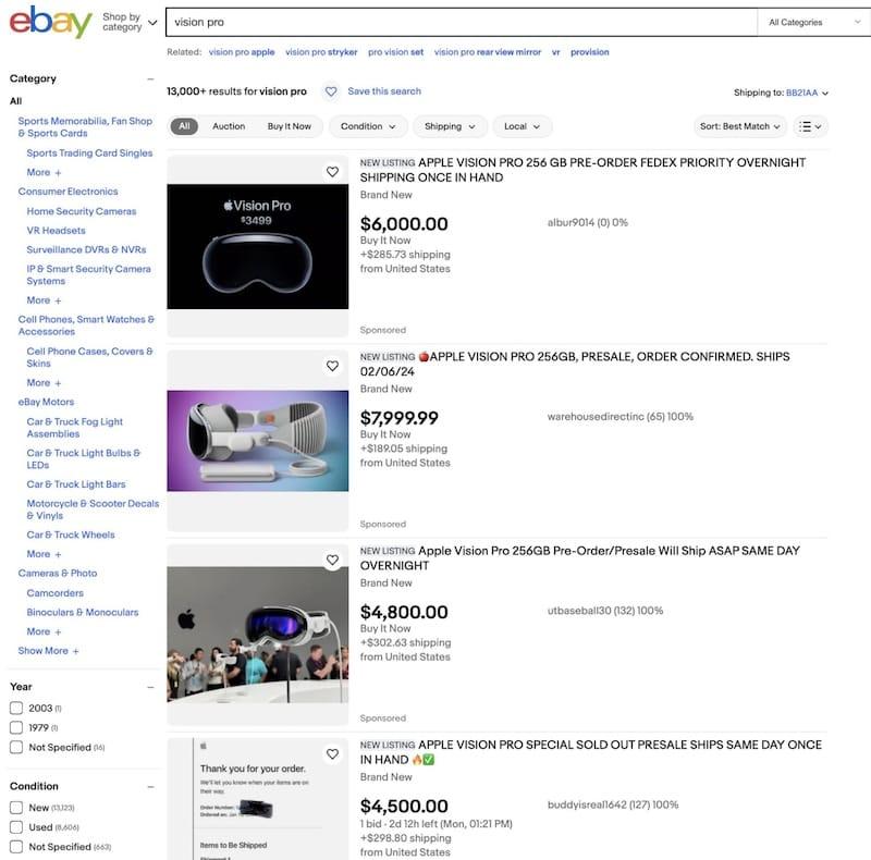 Vision Pro 预售首天出货日已推迟至3月，eBay炒至6000美元