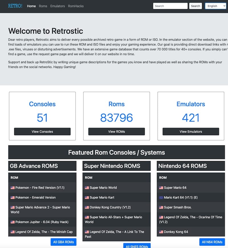 Retrostic - 游戏ROM和模拟器下载网站