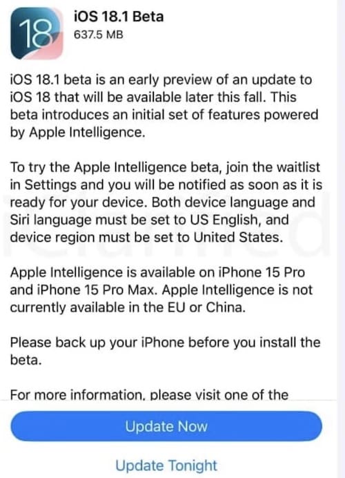 苹果发布 iOS 18.1 Beta 1 更新，Apple Intelligence功能首次亮相