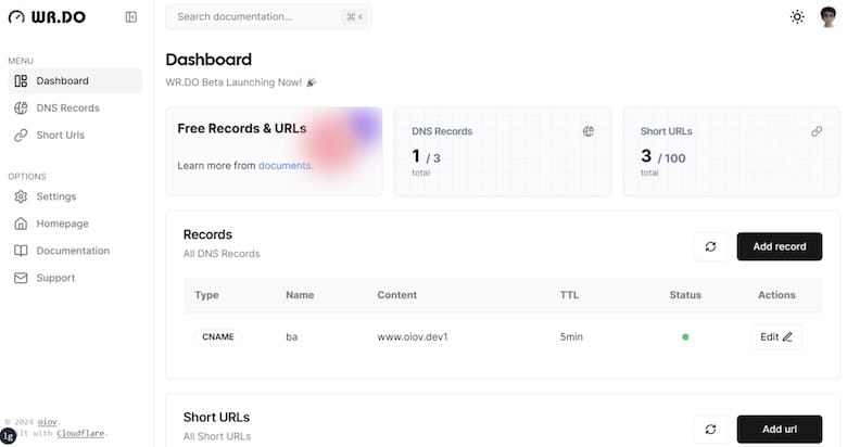 WR.DO - 可部署在Cloudflare的域名分发和短链接生成工具