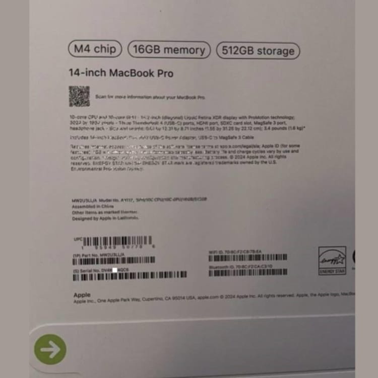 M4 MacBook Pro 14 寸包装曝光， 10月即将发布