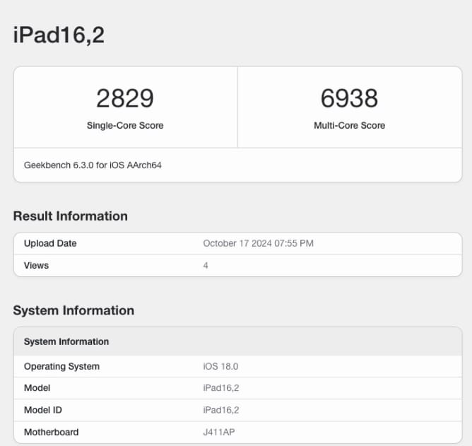 iPad mini 7 Geekbench 跑分曝光，确认搭载8GB内存