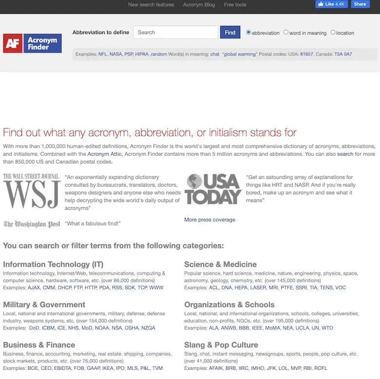Acronym Finder - 英文单字缩写及缩略语查询网站